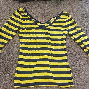 Striped Yellow and Navy V-Neck Women's Top